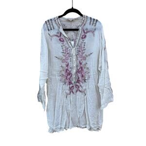 Johnny Was Cream Embroidered Clio Tunic Long Sleeve Oversized Top Size XL NWT